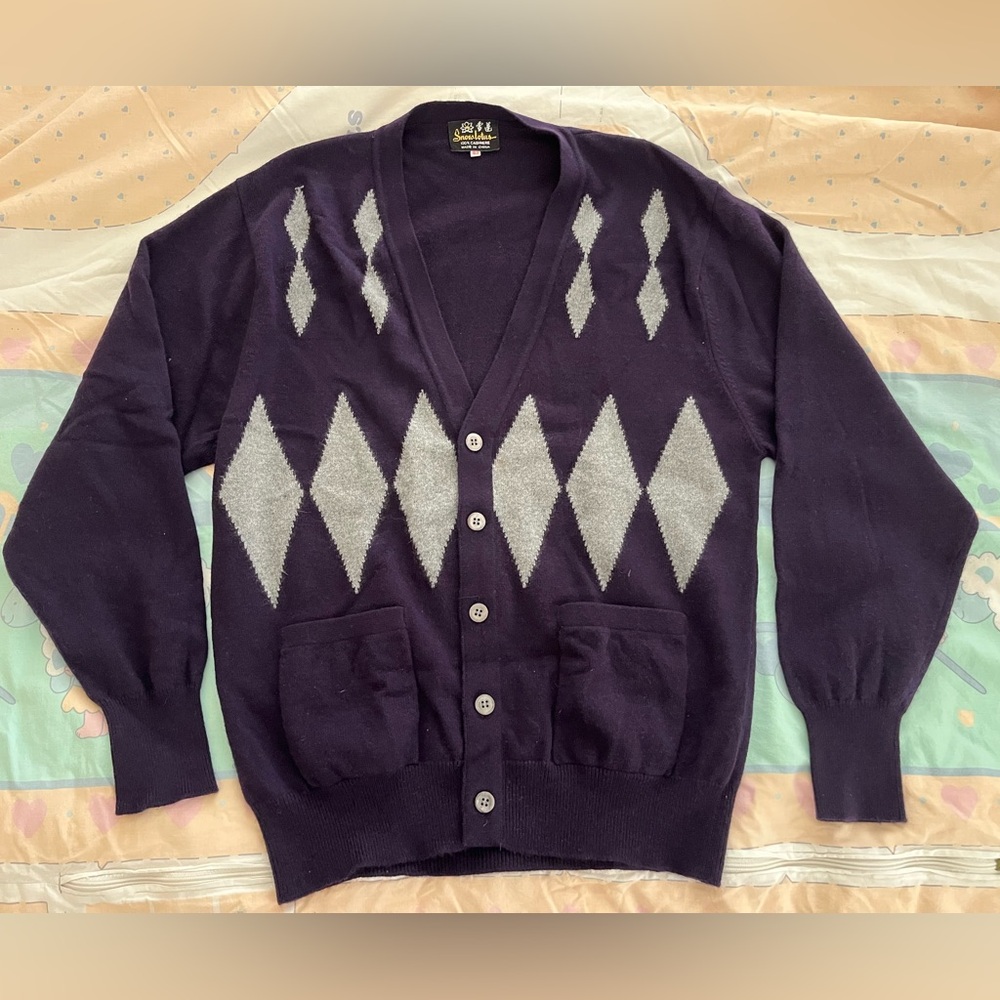 Large — 100 % cashmere Grandpa Cardigan Argyle Sweater